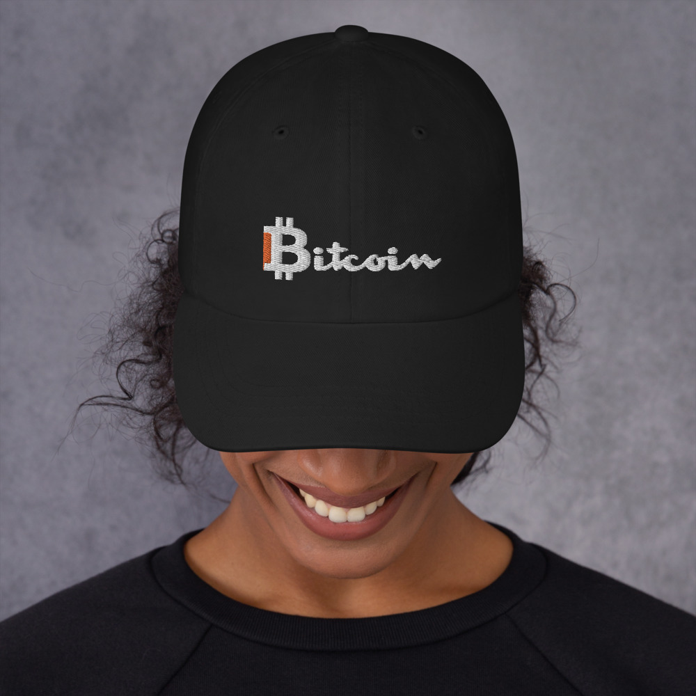 Bitcoin Baseball Caps (Dad Hats) in Black on a someones head