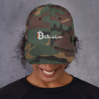 Bitcoin Baseball Caps (Dad Hats) in Green Camo on a someones head