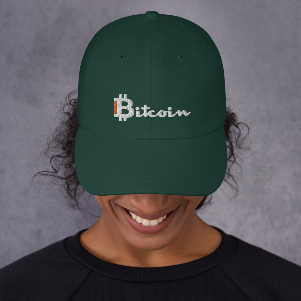Bitcoin Baseball Caps (Dad Hats) in Green on a someones head