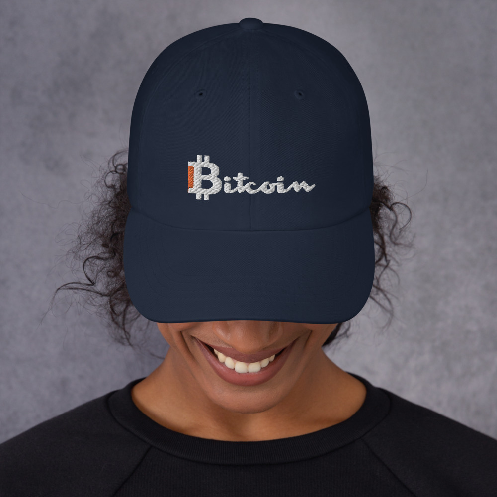 Bitcoin Baseball Caps (Dad Hats) in Navy Blue on a someones head