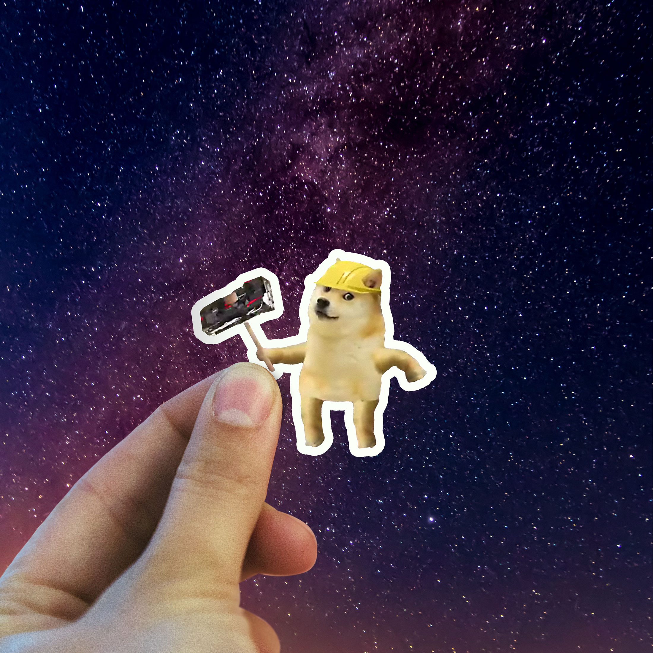Dogecoin mining sticker holding in hand doge miner stickers