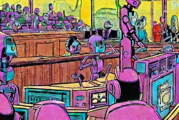 scene of ai robot courtroom. Web3 NFTs automatic decentralized law, ip attribution on-chain while browsing
