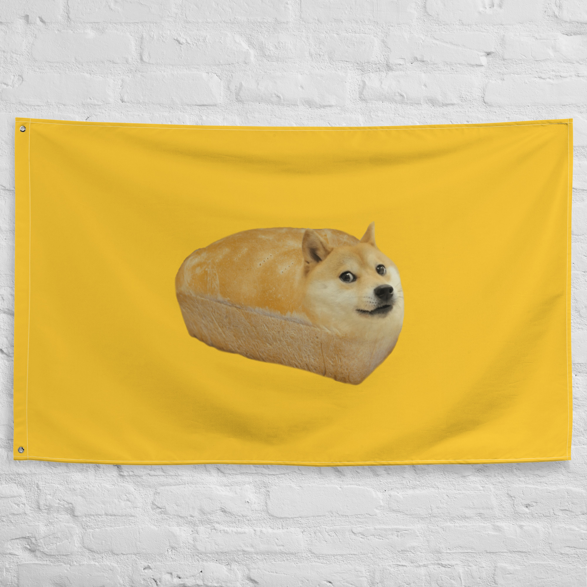 Doge Bread Meme featured on a dogecoin yellow flag