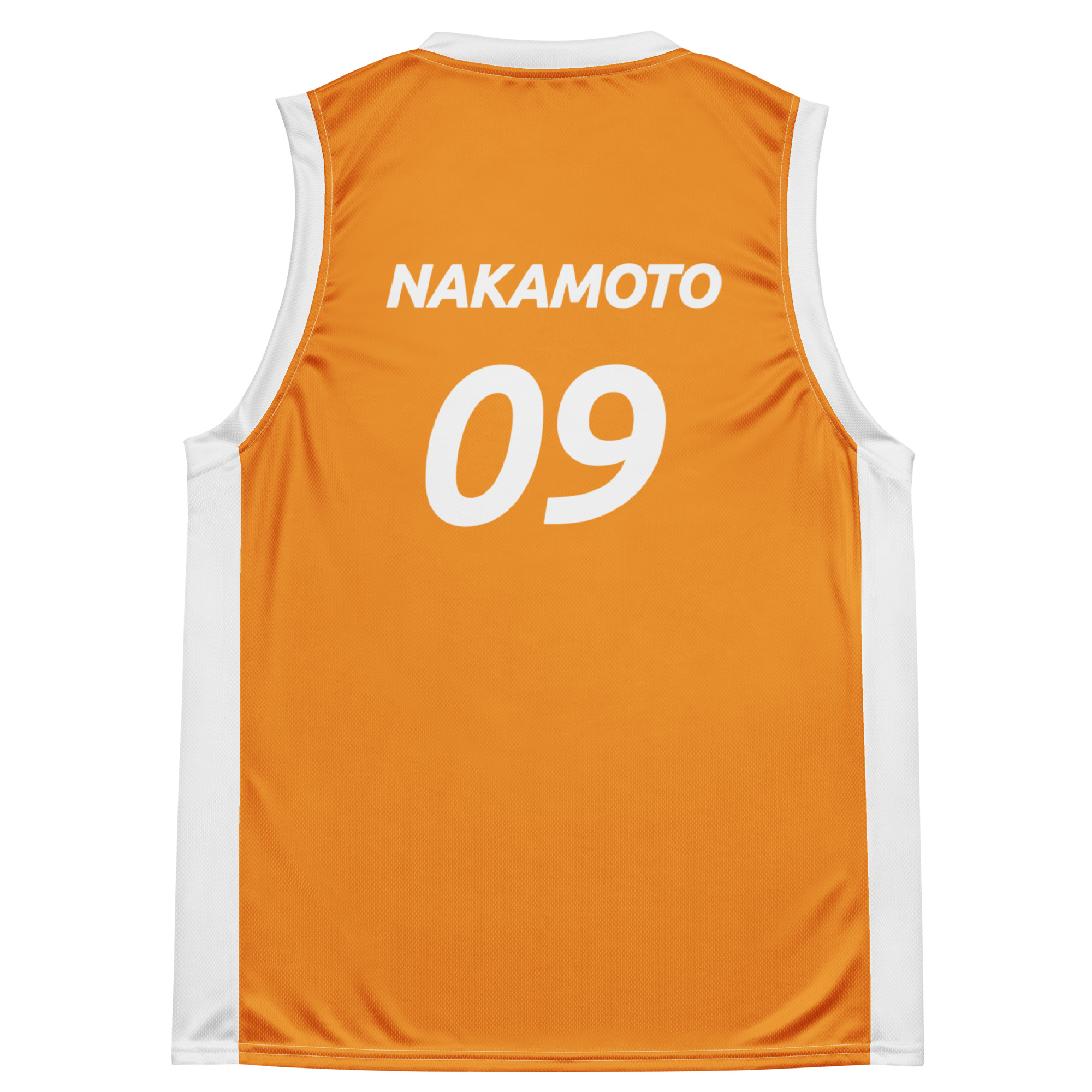 Back view of the Official Bitcoin Basketball Jersey. In bitcoin orange color, featuring the name "Nakamoto" across the top, the number 09 in the center. In Ubuntu bold italic font, the font of the official bitcoin logo.