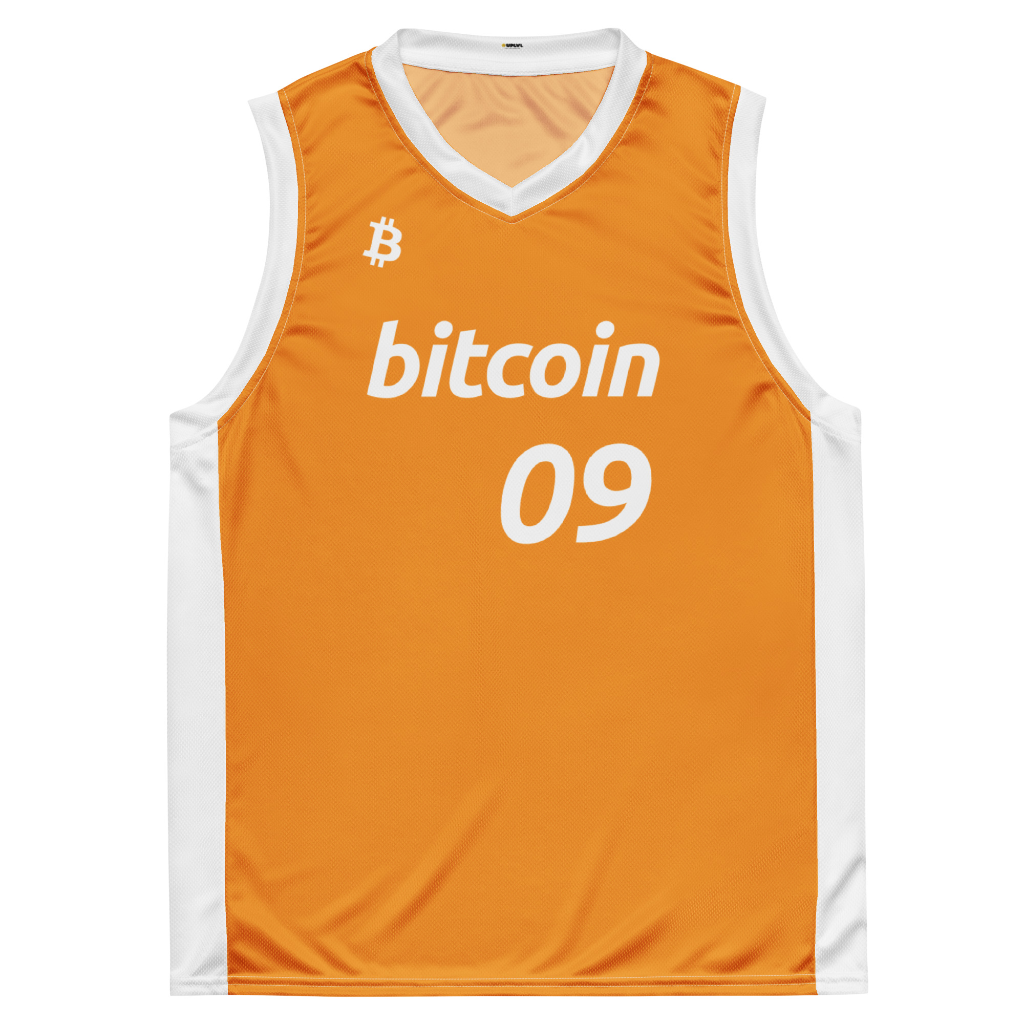Front view of the Official Bitcoin Basketball Jersey. In bitcoin orange color, featuring the bitcoin icon in the top right chest, the bitcoin logo across the center, and the number 09 on the right to represent the year bitcoin was created (2009). The lettering is in bitcoin font Ubuntu bold italic.