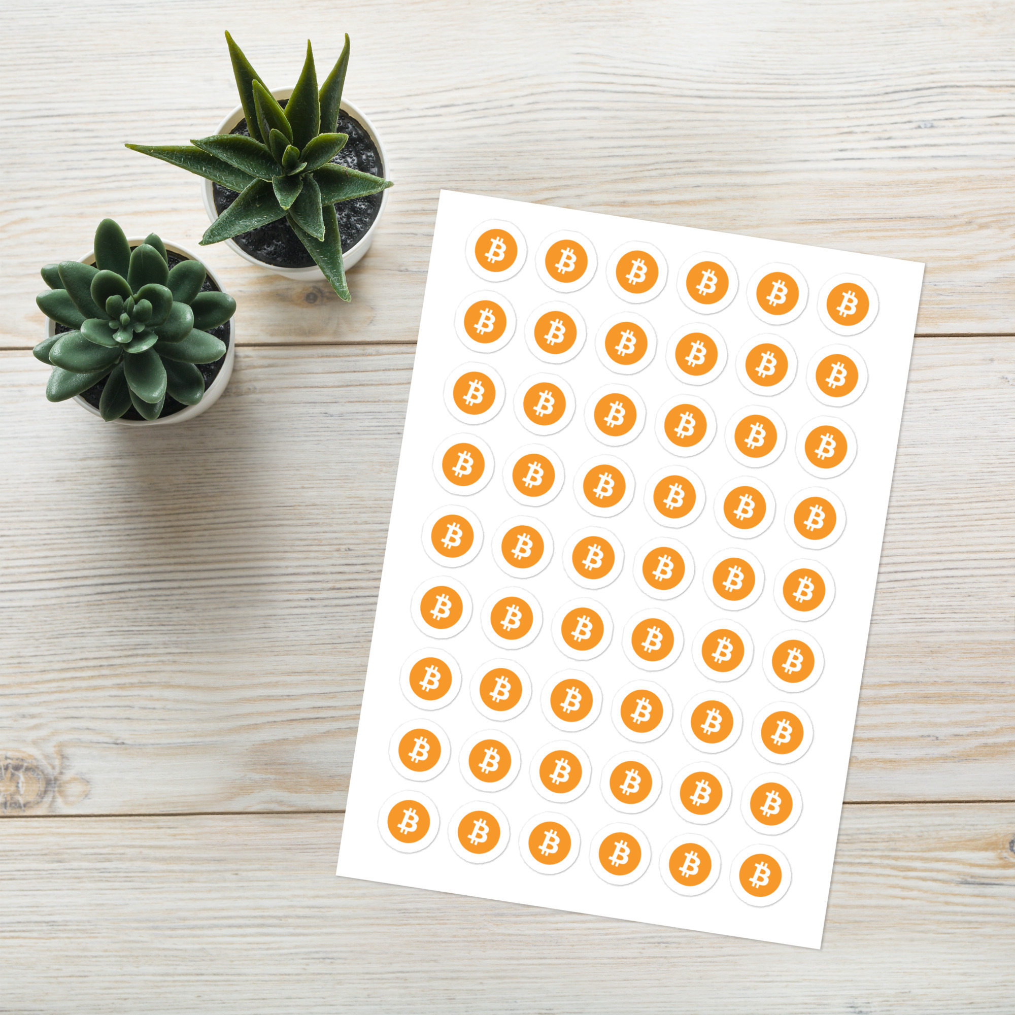 Bitcoin Stickers Sheet on a desk with a cactus. Featuring 54 stickers for only $6.