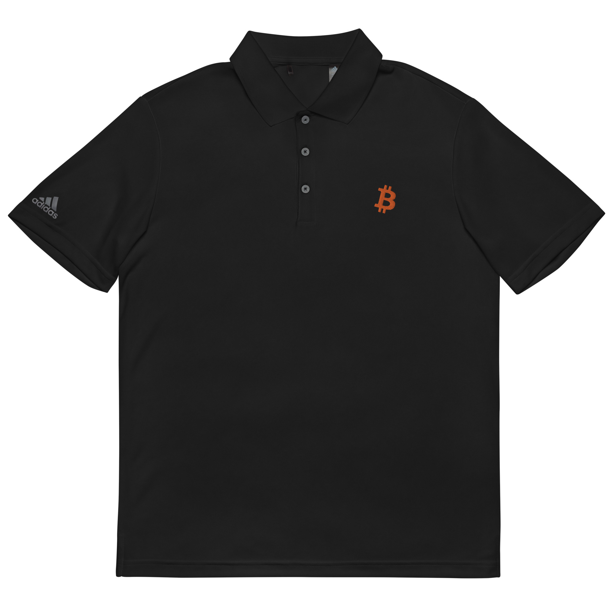 Bitcoin shirt - bitcoin adidas polo shirt lying flat - Black bitcoin polo shirt