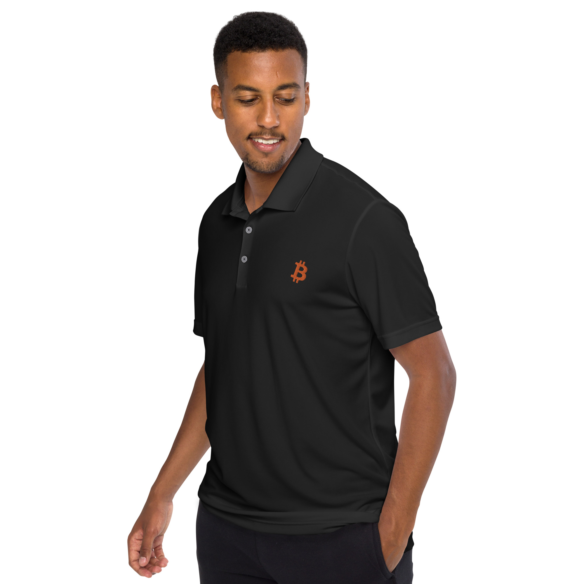 side angle of a person wearing black bitcoin adidas polo shirt