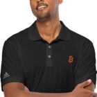person wearing gray bitcoin adidas polo shirt close up