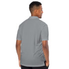back angle of a person wearing gray bitcoin adidas polo shirt