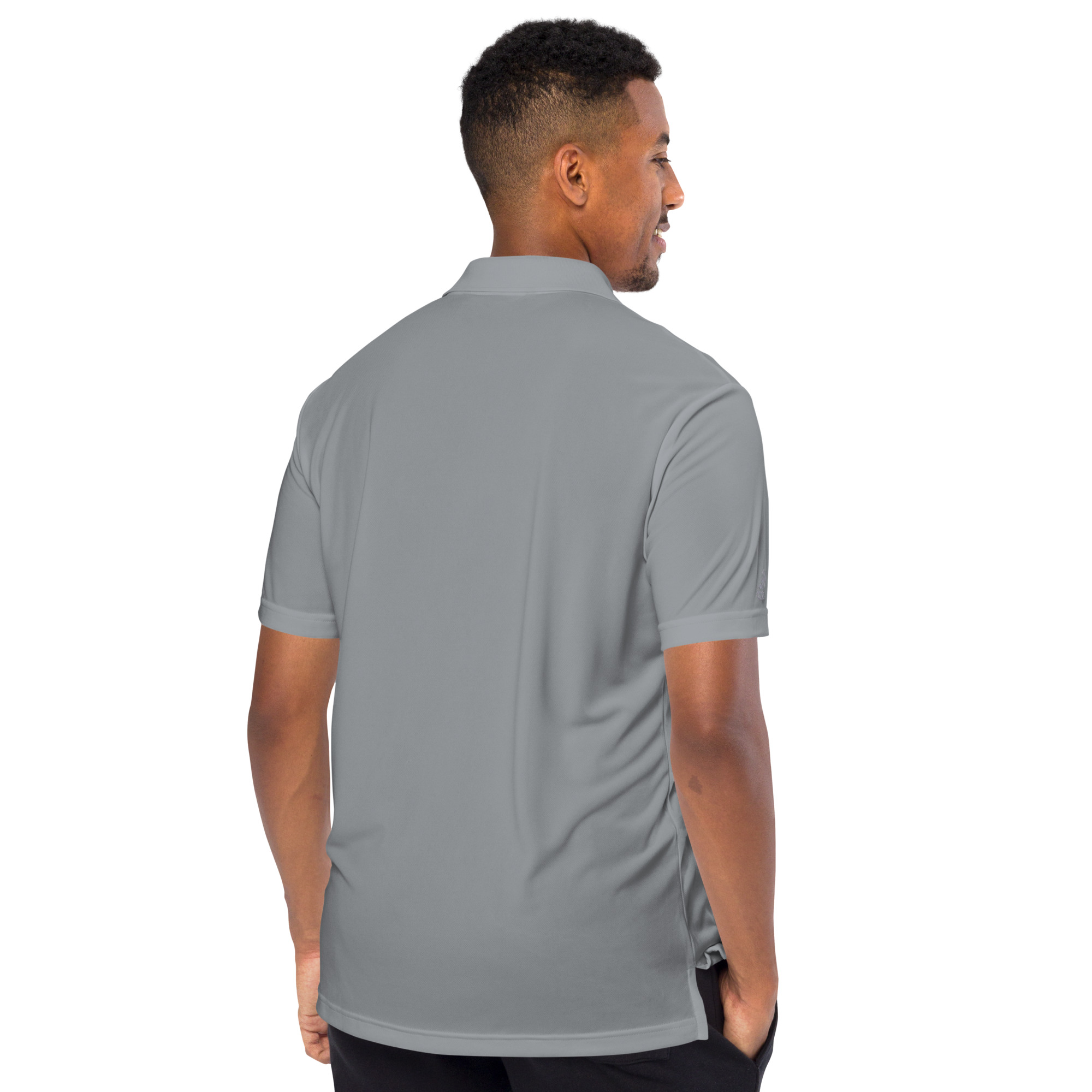 back angle of a person wearing gray bitcoin adidas polo shirt