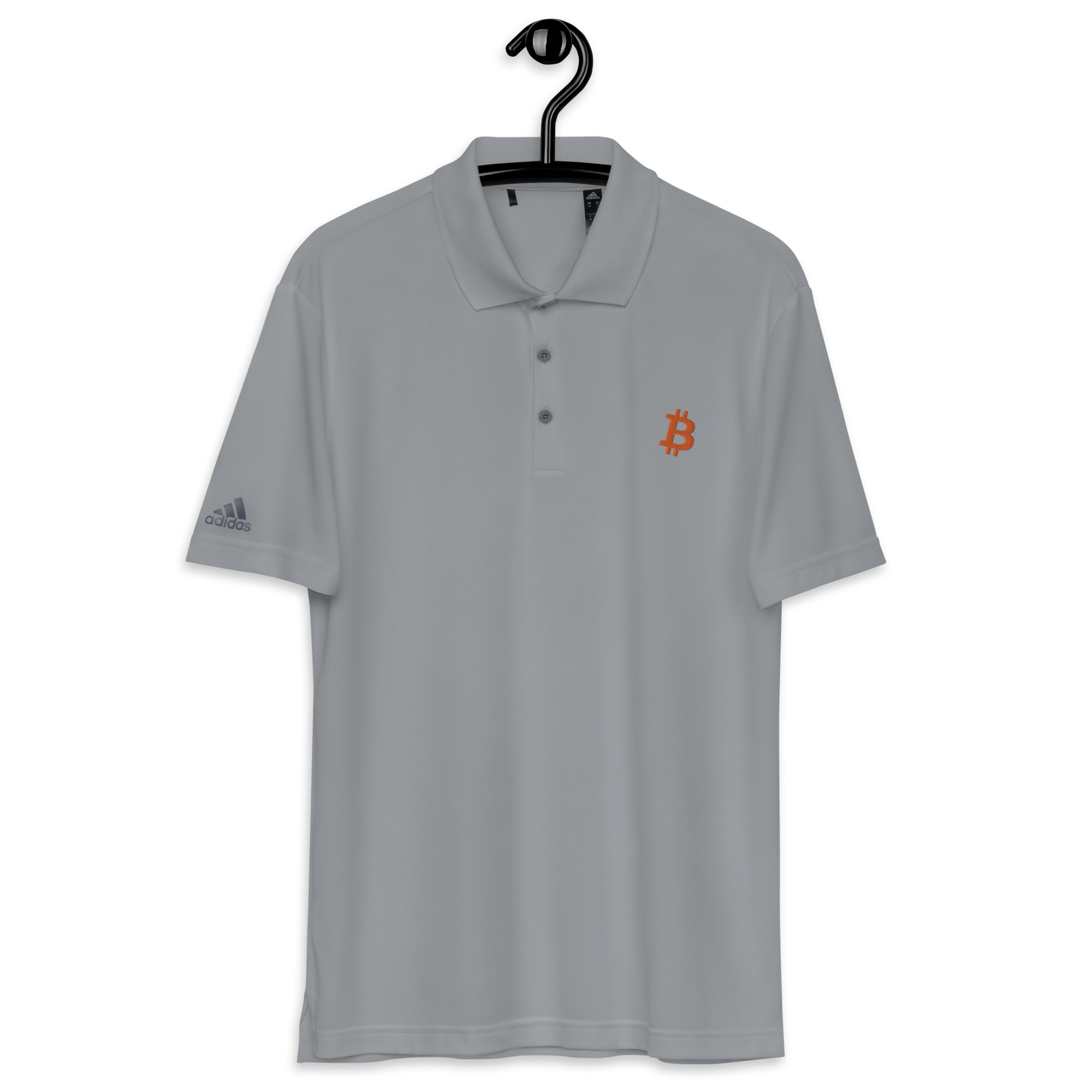 Bitcoin shirt - bitcoin adidas polo shirt on a hanger - Gray bitcoin polo shirt