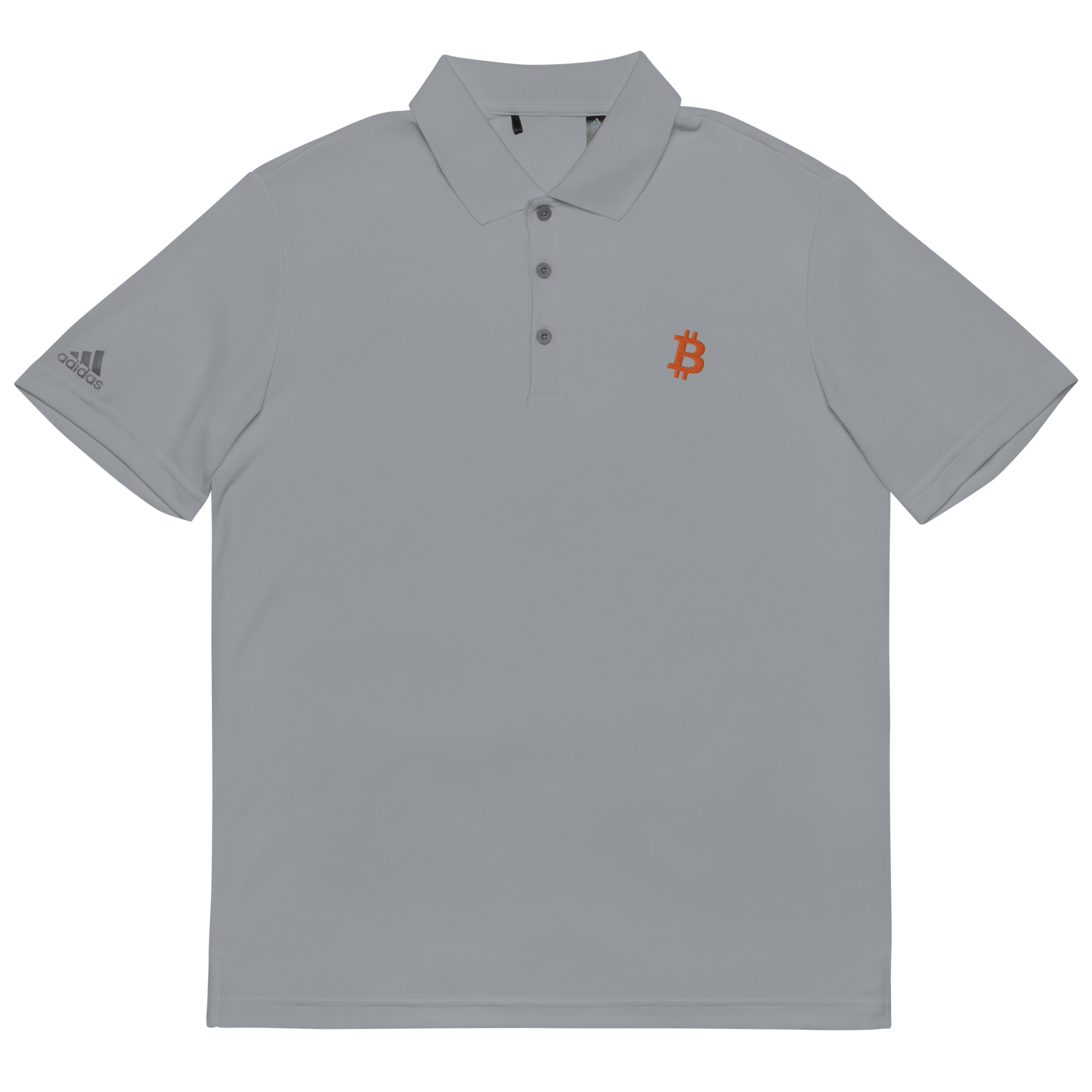 Bitcoin shirt - bitcoin adidas polo shirt lying flat - Gray bitcoin polo shirt
