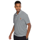 side angle of a person wearing gray bitcoin adidas polo shirt