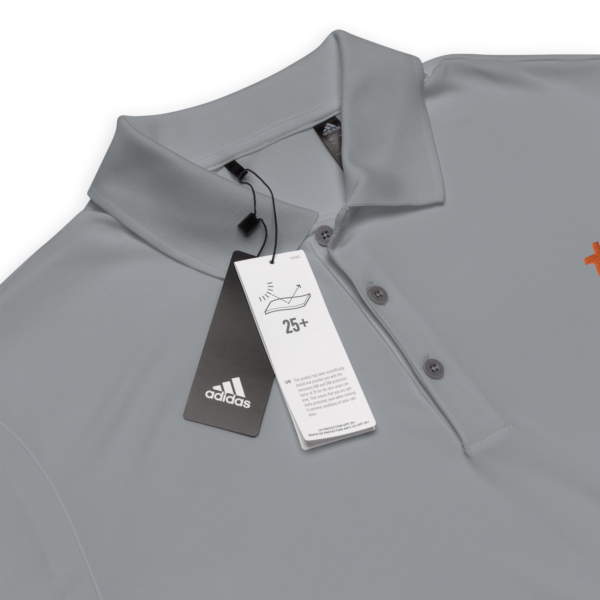 Bitcoin shirt - bitcoin adidas polo shirt lying flat close up of tags - Gray bitcoin polo shirt