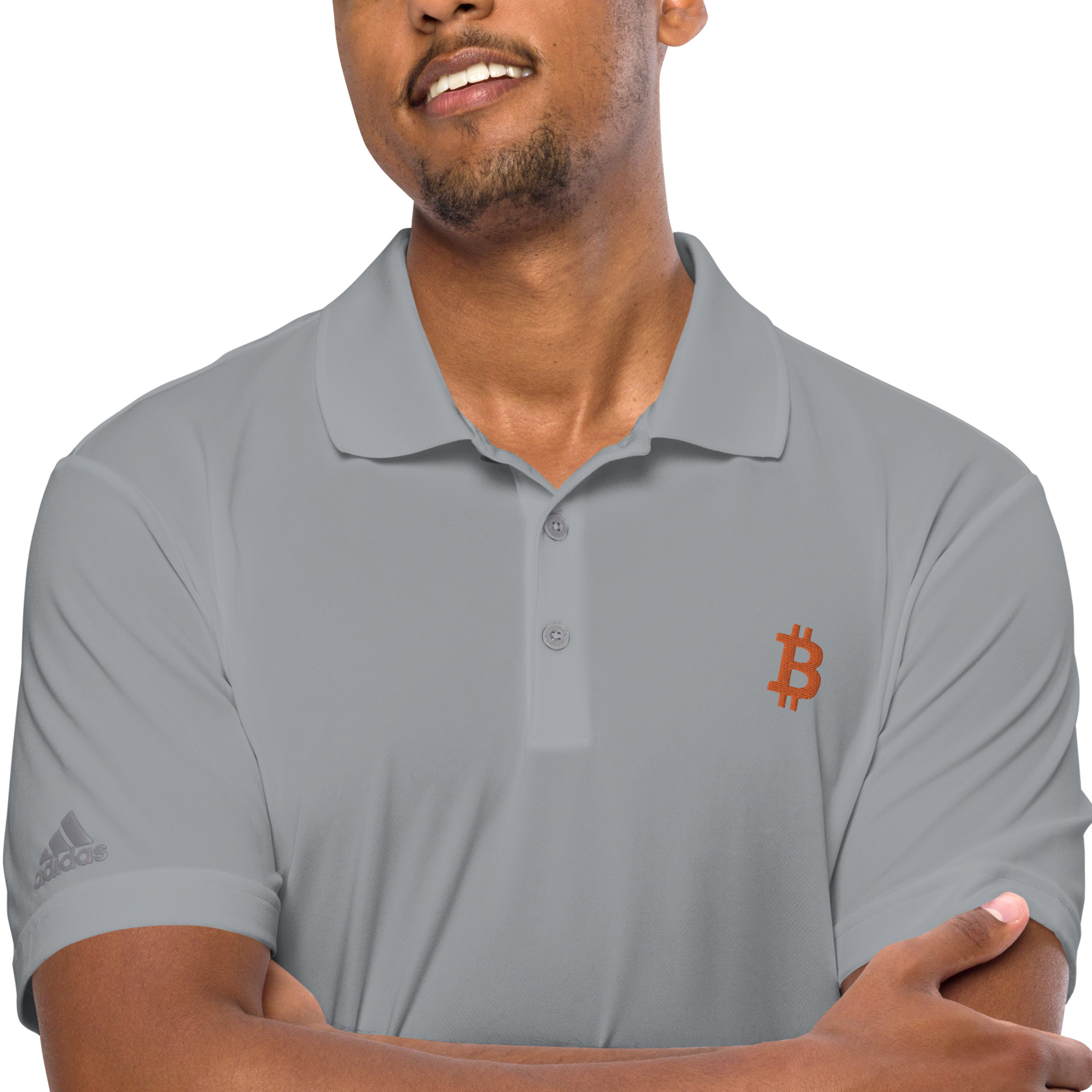 person wearing gray bitcoin adidas polo shirt close up