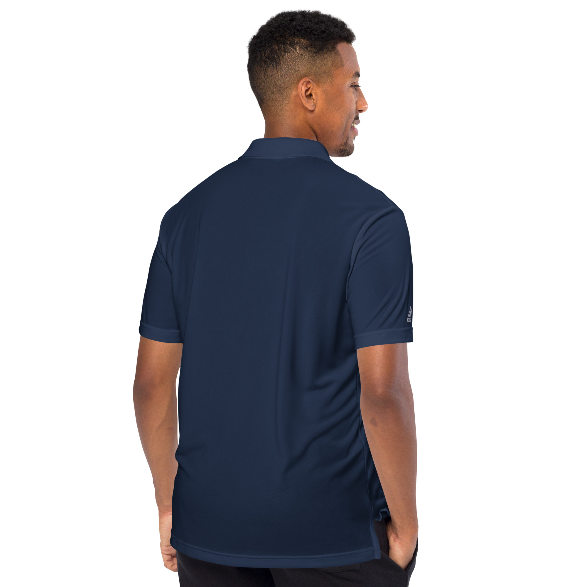 back view of a person wearing navy bitcoin adidas polo shirt
