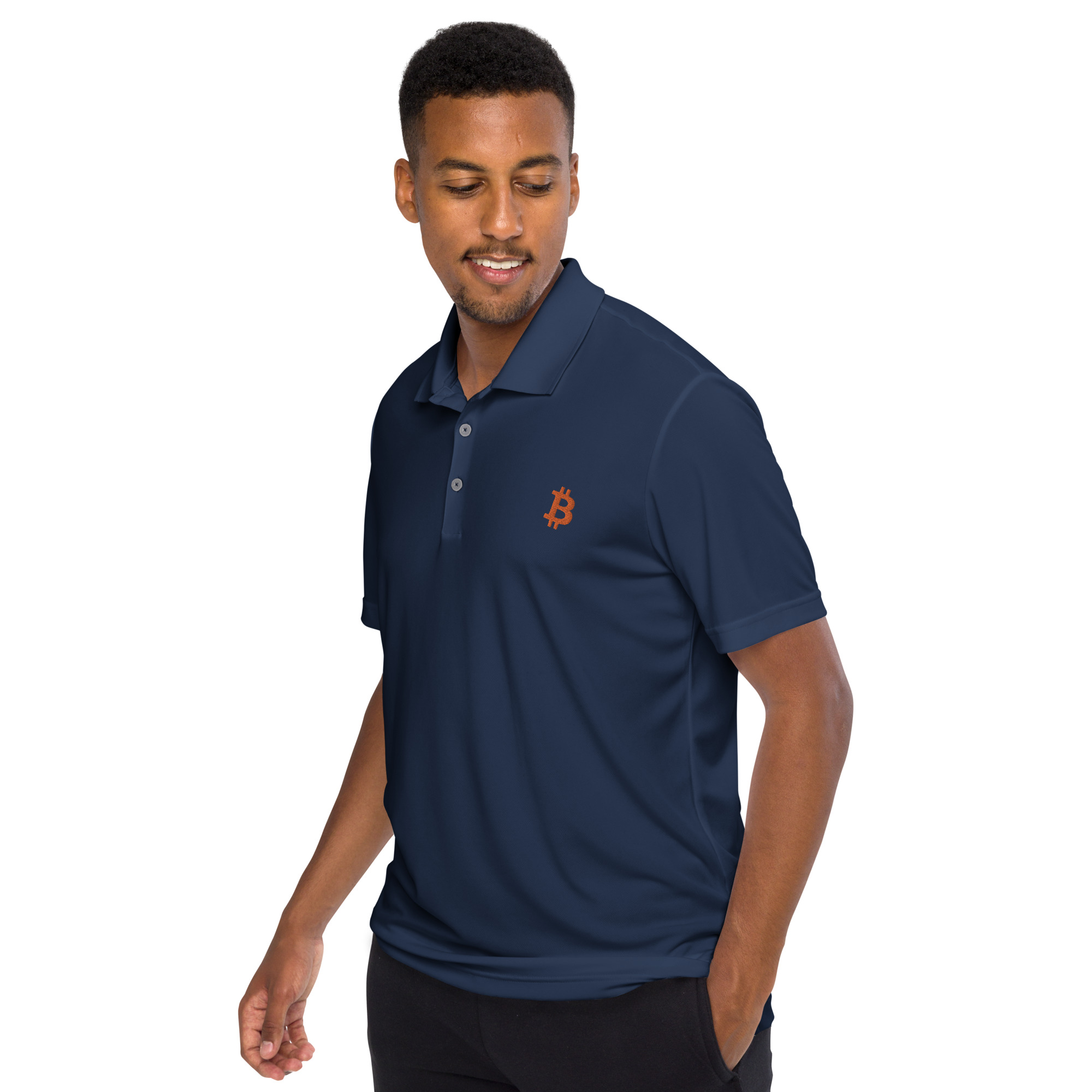 side angle of a person wearing blue bitcoin adidas polo shirt