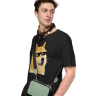 Doge Thuglife Meme T-Shirt, side view dogecoin thugelife black color shirt With accessories such as a scarf and bag