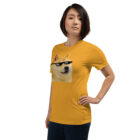 Wearing the Doge Thuglife Meme T-Shirt, front view dogecoin thugelife doge yellow color shirt
