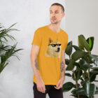 Wearing Doge Thuglife Meme T-Shirt, front facing view dogecoin thugelife doge yellow color shirt