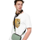 close up wearing the folded white Doge Bread Meme T-Shirt with a bag and a scarf on